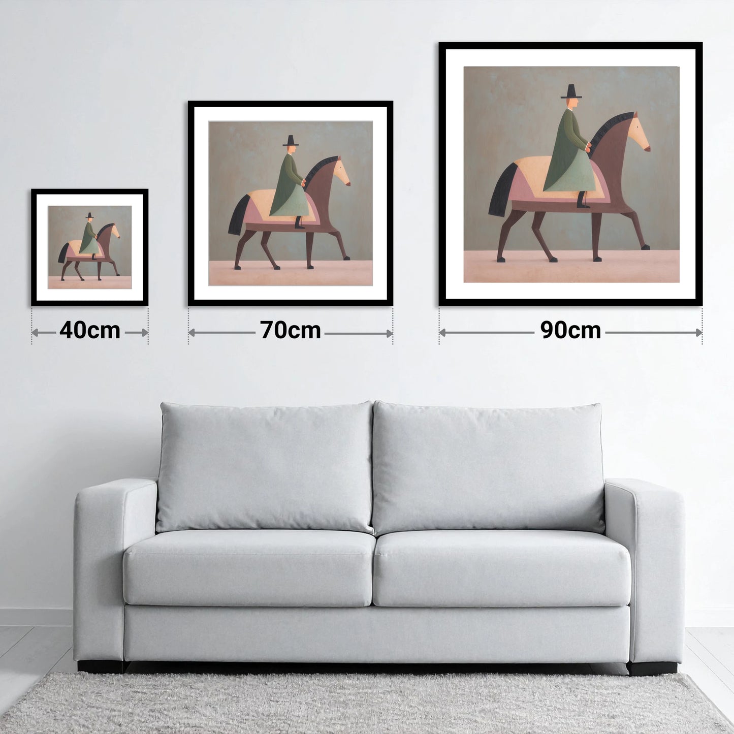 Structured Harmony - size guide showing 40cm, 70cm and 90cm art prints