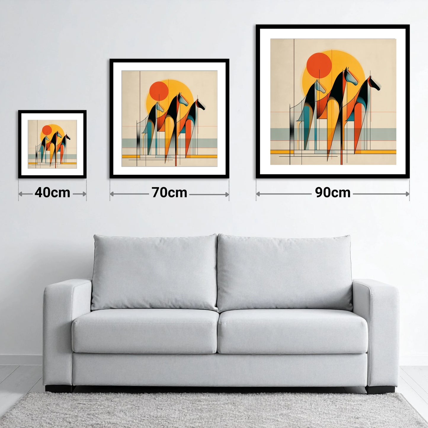Rhythmic Horizon - size guide showing 40cm, 70cm and 90cm art prints
