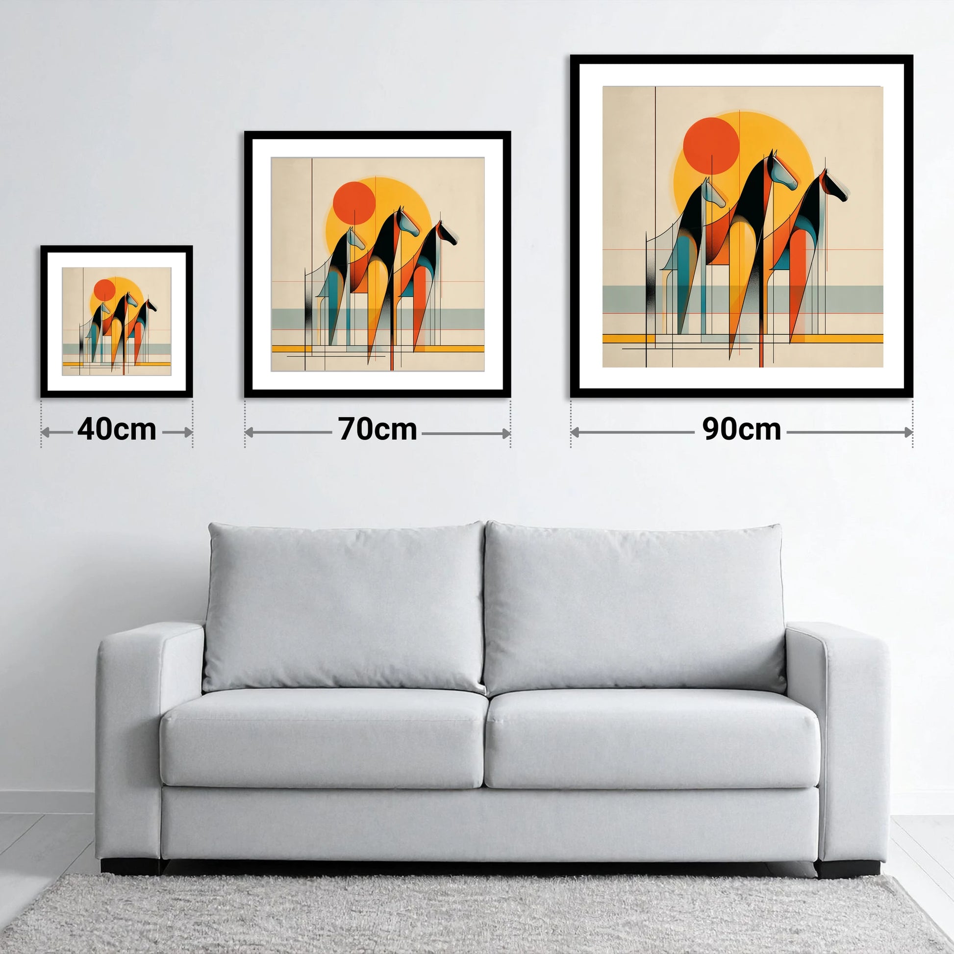 Rhythmic Horizon - size guide showing 40cm, 70cm and 90cm art prints