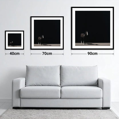Solitary in Shadow - size guide showing 40cm, 70cm and 90cm art prints