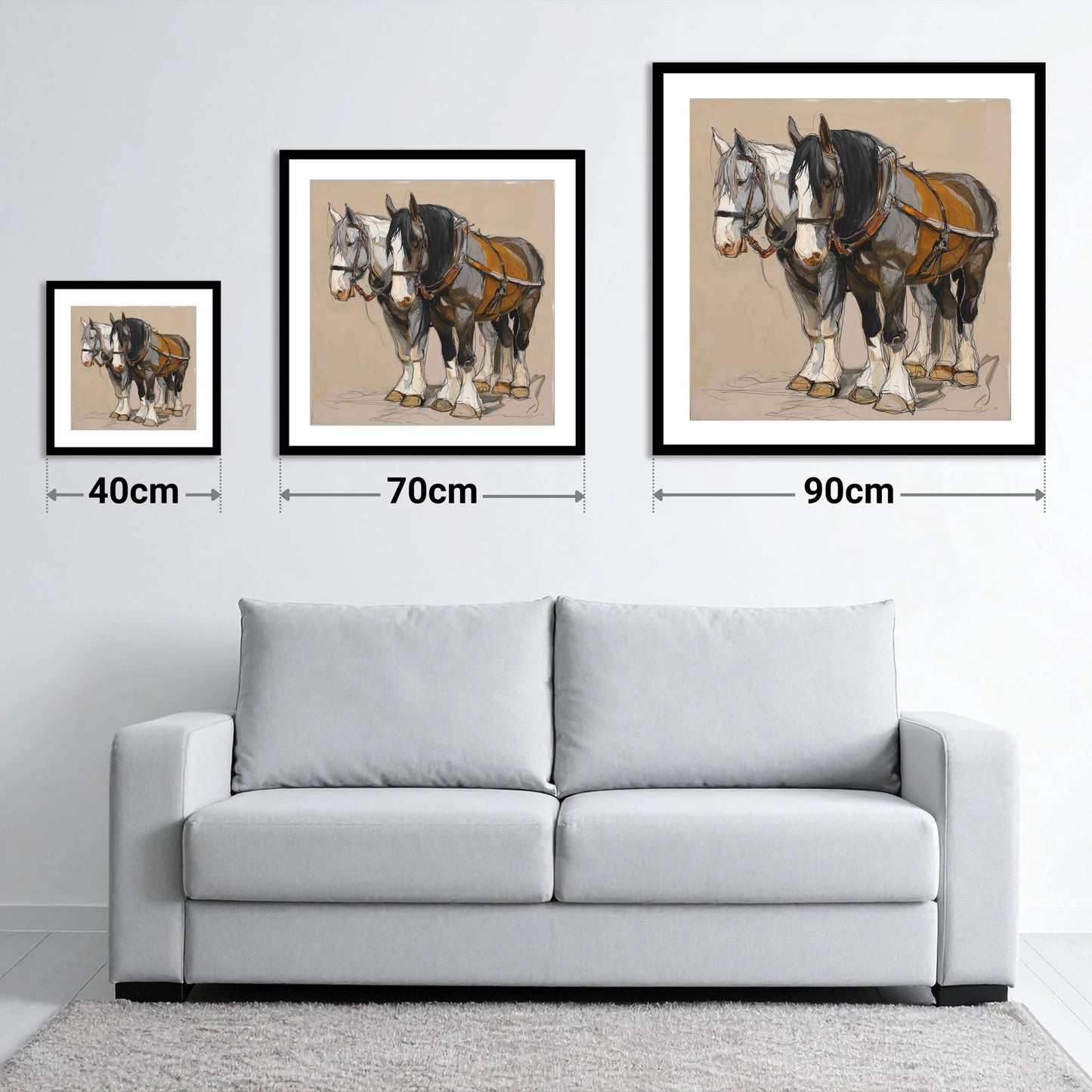 Gentle Giants in Harness - size guide showing 40cm, 70cm and 90cm art prints