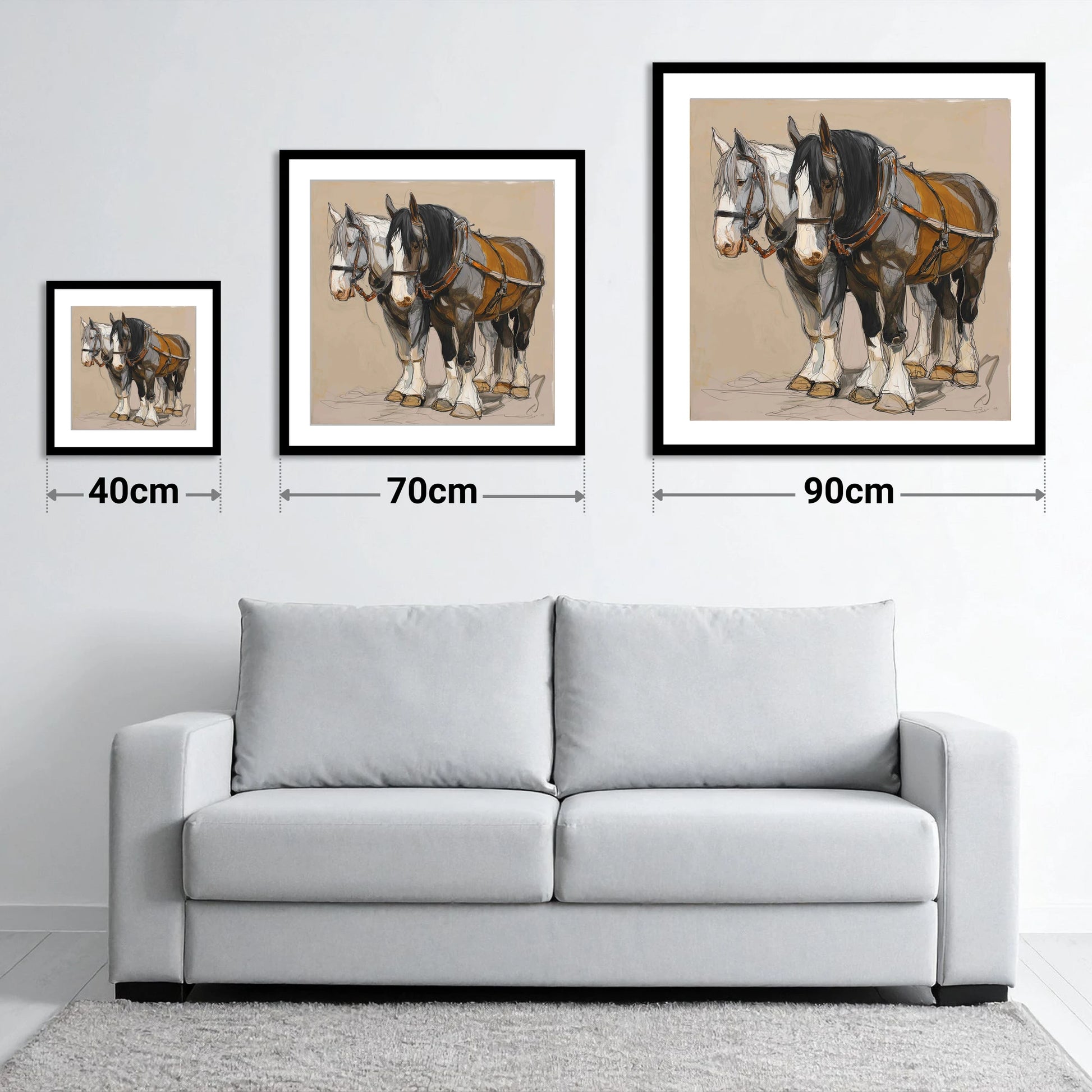 Gentle Giants in Harness - size guide showing 40cm, 70cm and 90cm art prints