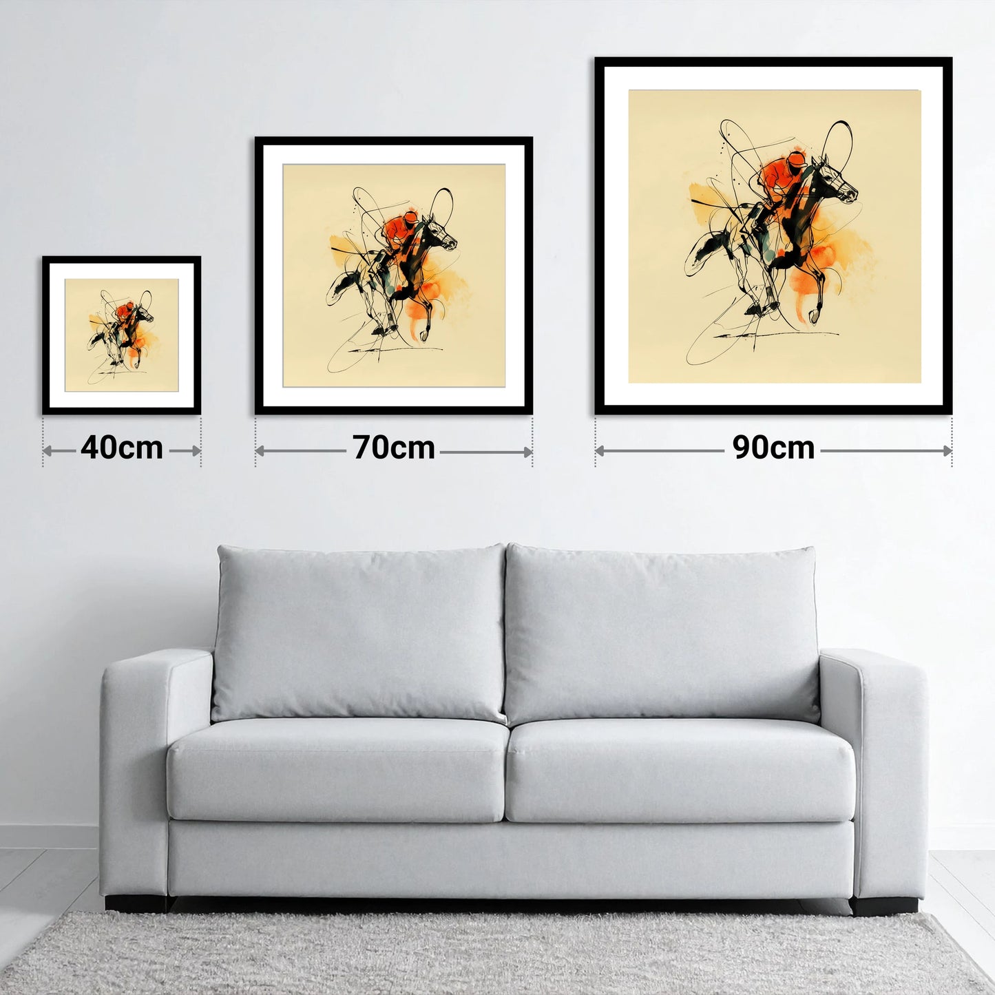 Velocity in Amber - size guide showing 40cm, 70cm and 90cm art prints