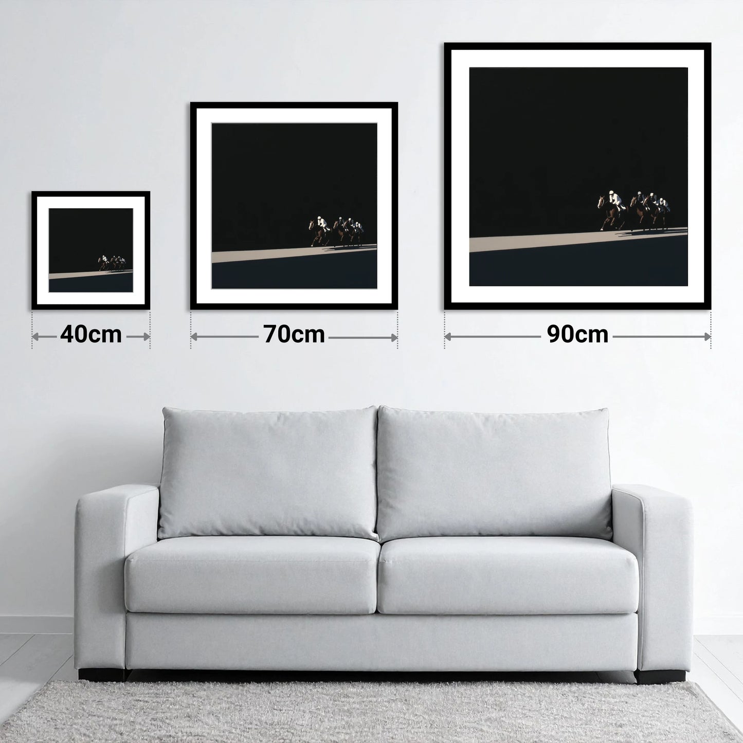 Speed in Shadows - size guide showing 40cm, 70cm and 90cm art prints