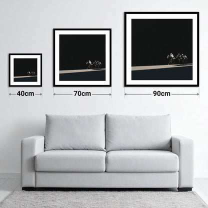 Speed in Shadows - size guide showing 40cm, 70cm and 90cm art prints