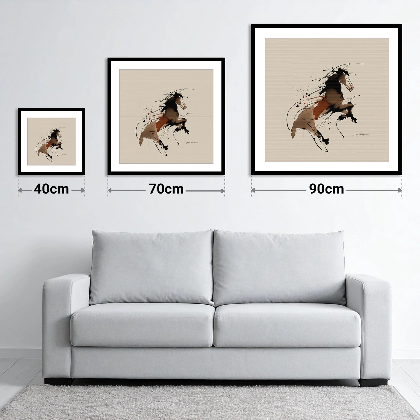 Untamed Sepia Spirit - size guide showing 40cm, 70cm and 90cm art prints