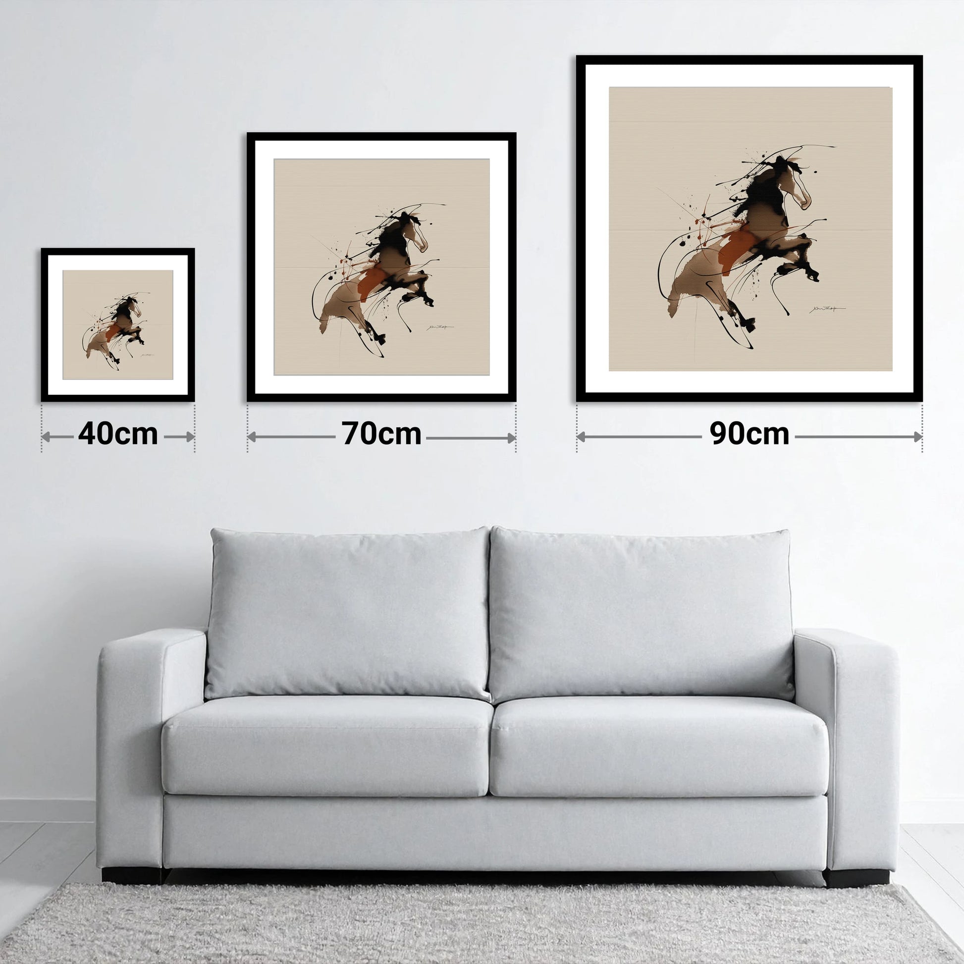Untamed Sepia Spirit - size guide showing 40cm, 70cm and 90cm art prints
