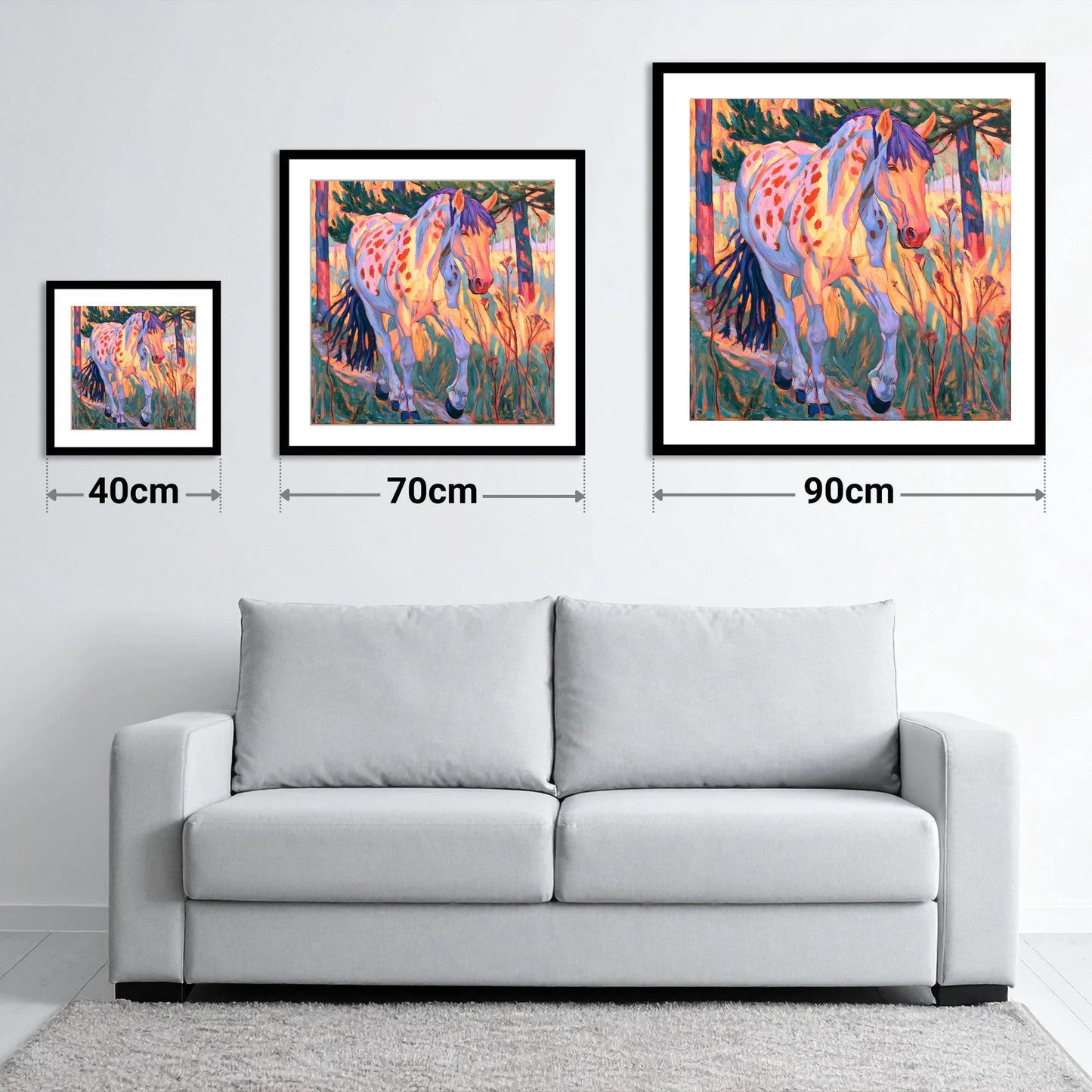 Vibrant Appaloosa In Tall Grass - size guide showing 40cm, 70cm and 90cm art prints
