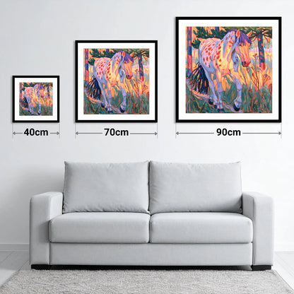 Vibrant Appaloosa In Tall Grass - size guide showing 40cm, 70cm and 90cm art prints