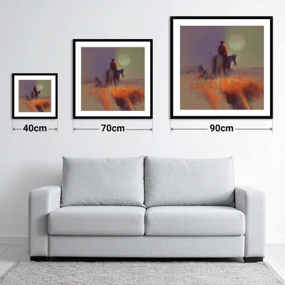 High Plains Sundown - size guide showing 40cm, 70cm and 90cm art prints