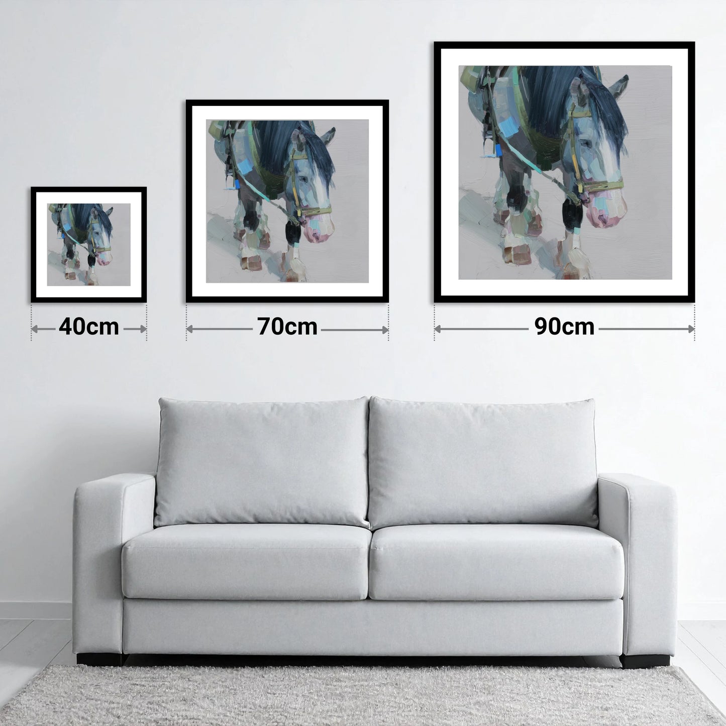 Quiet Strength - size guide showing 40cm, 70cm and 90cm art prints