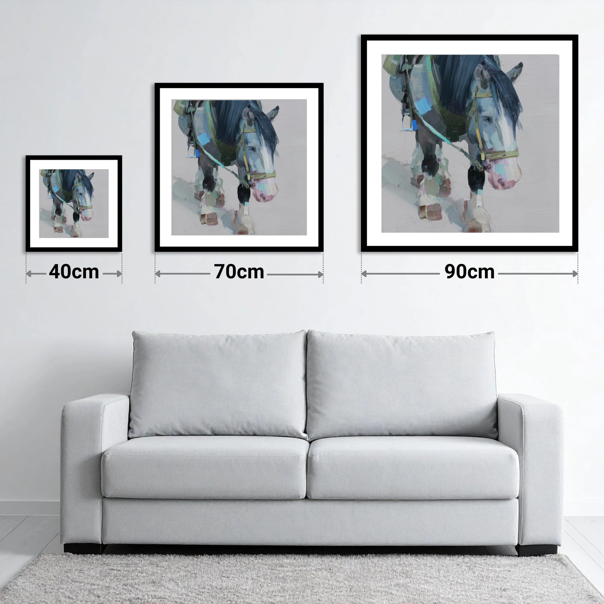 Quiet Strength - size guide showing 40cm, 70cm and 90cm art prints