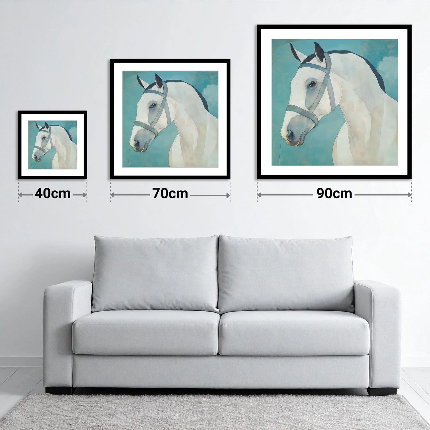 Serene Focus in Teal - size guide showing 40cm, 70cm and 90cm art prints