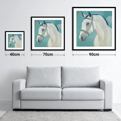 Serene Focus in Teal - size guide showing 40cm, 70cm and 90cm art prints