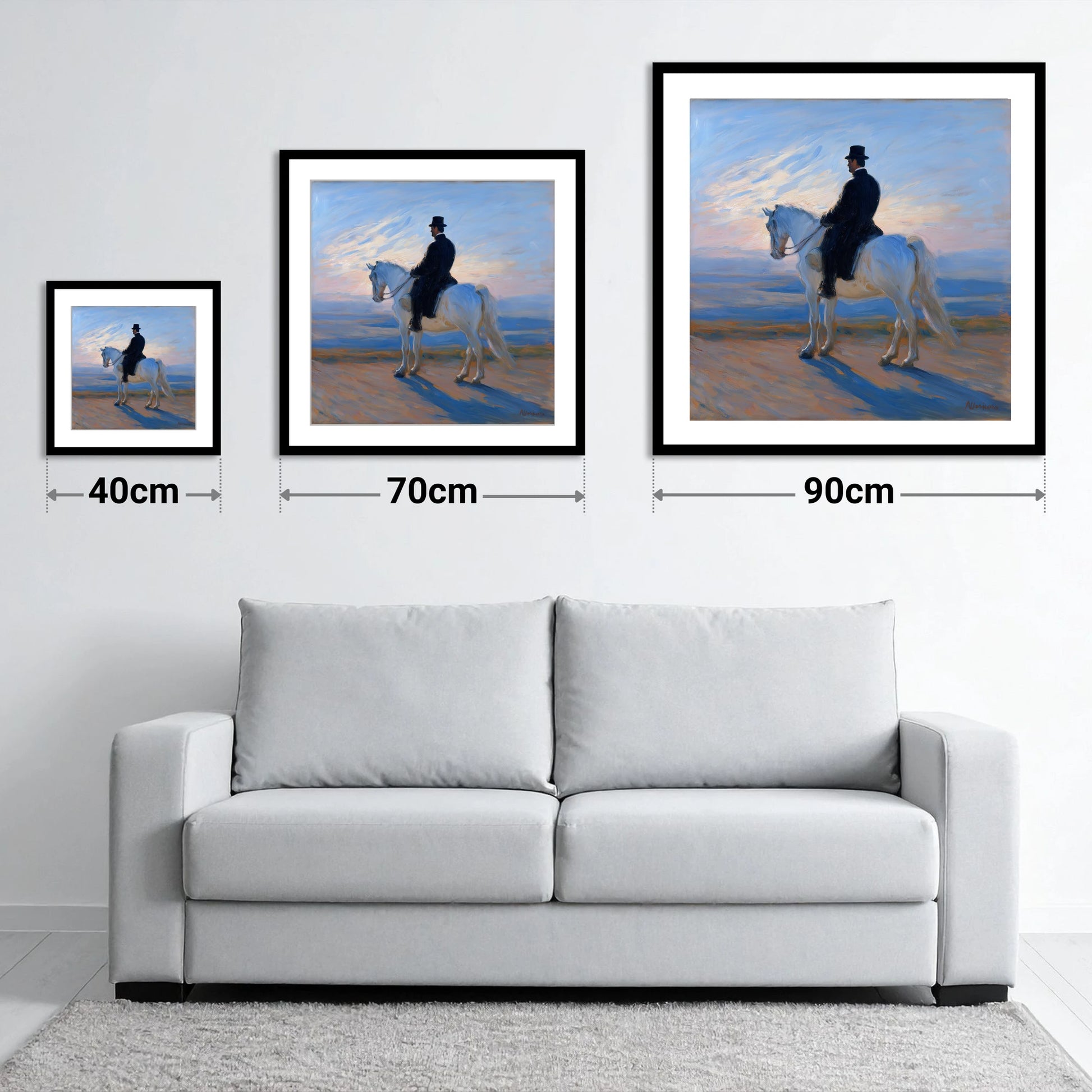 The Classical Rider - size guide showing 40cm, 70cm and 90cm art prints