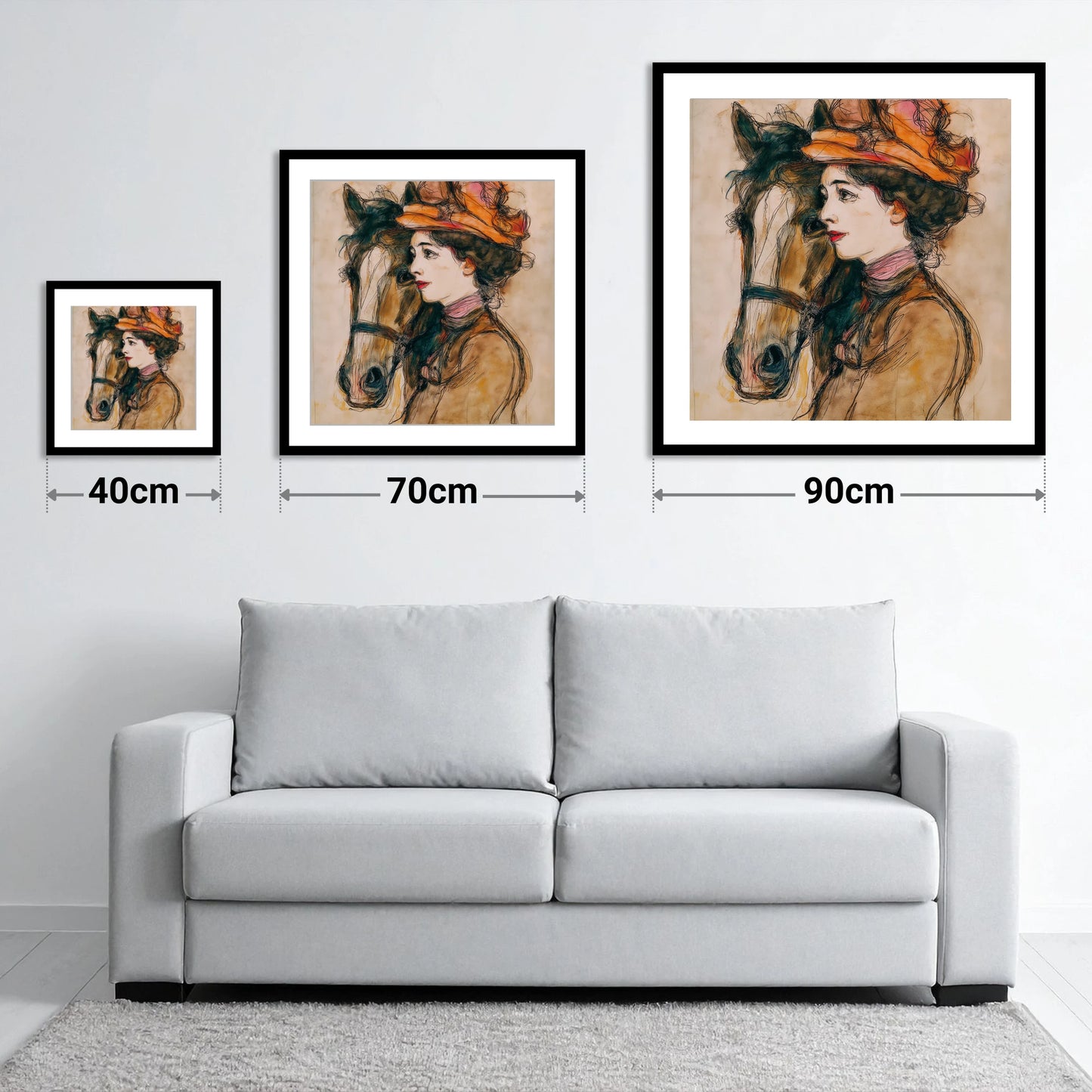 A Shared Silence - size guide showing 40cm, 70cm and 90cm art prints