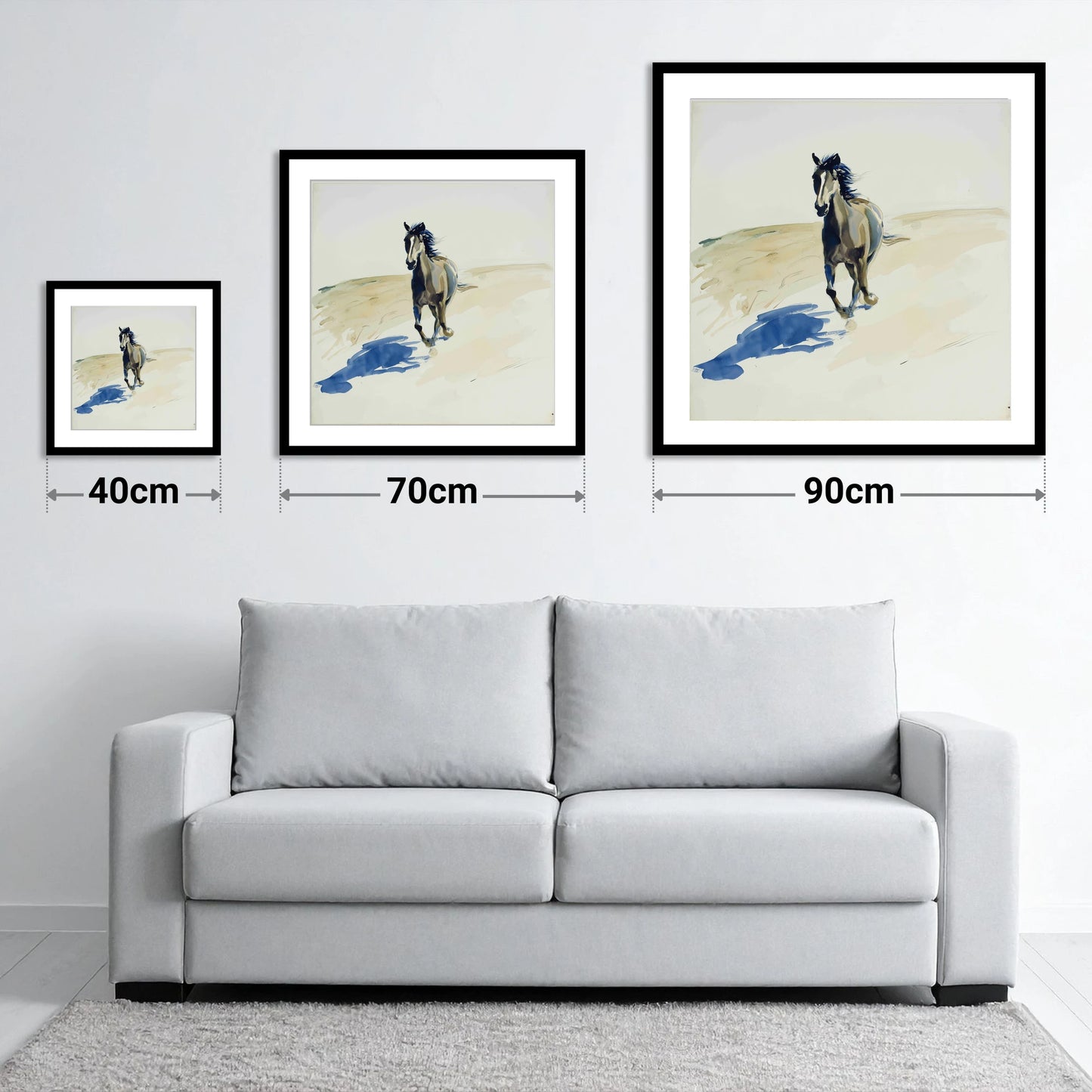Indigo Shadow Canter - size guide showing 40cm, 70cm and 90cm art prints