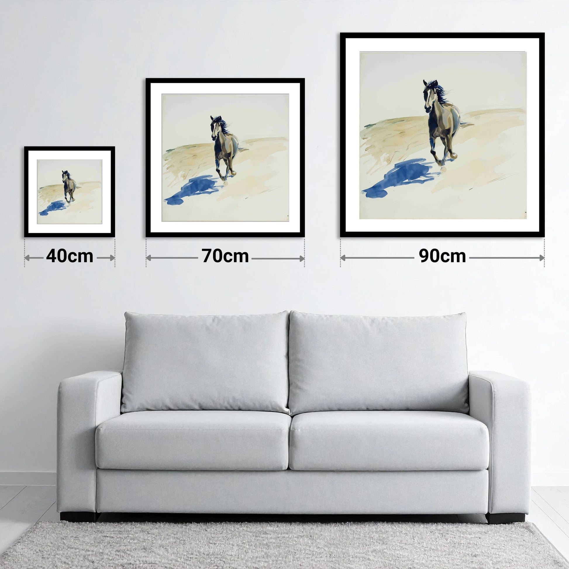 Indigo Shadow Canter - size guide showing 40cm, 70cm and 90cm art prints