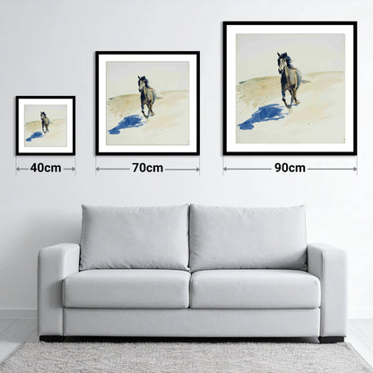 Indigo Shadow Canter - size guide showing 40cm, 70cm and 90cm art prints