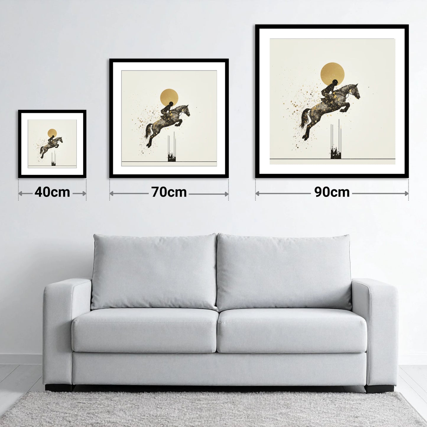 Golden Arc Showjumper - size guide showing 40cm, 70cm and 90cm art prints