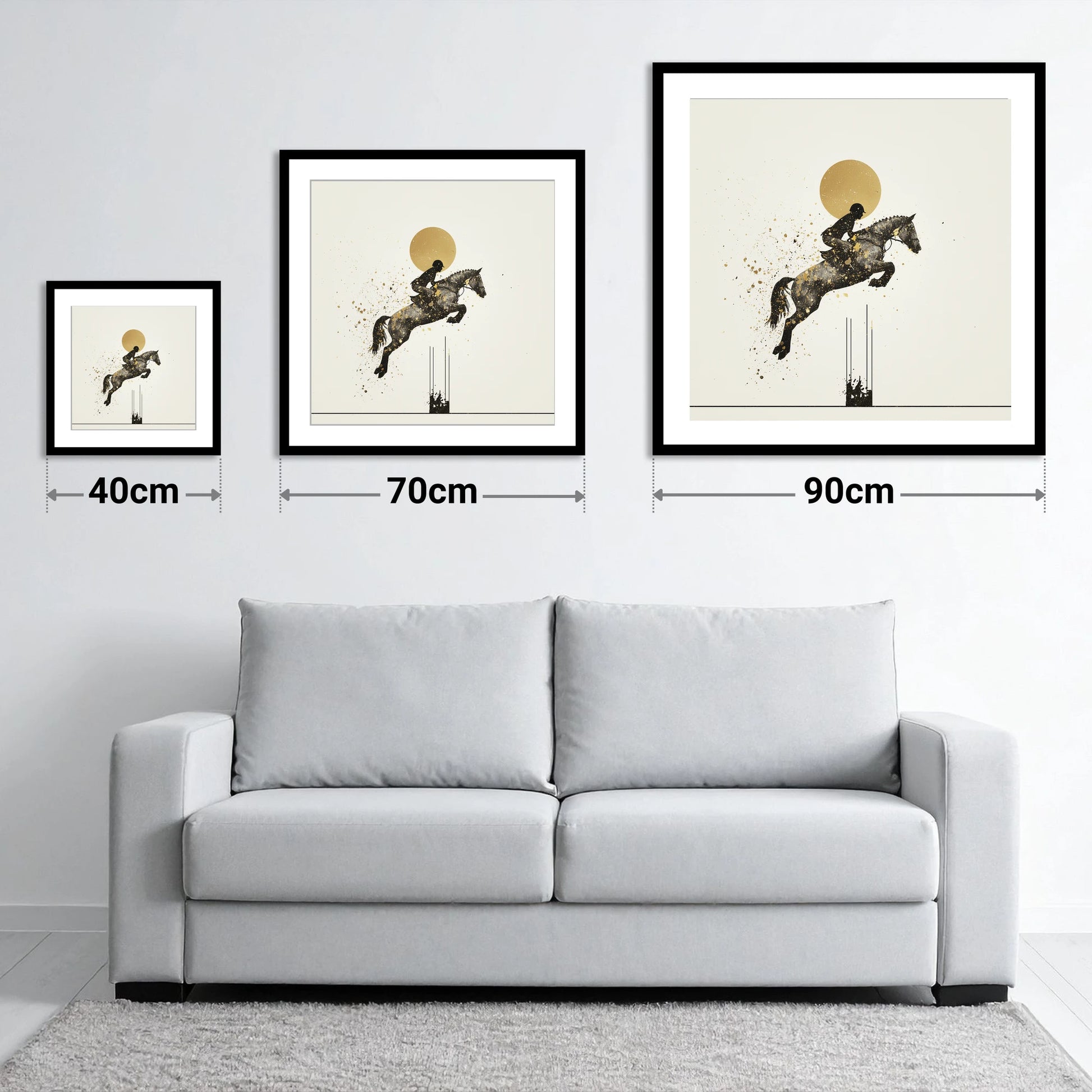 Golden Arc Showjumper - size guide showing 40cm, 70cm and 90cm art prints