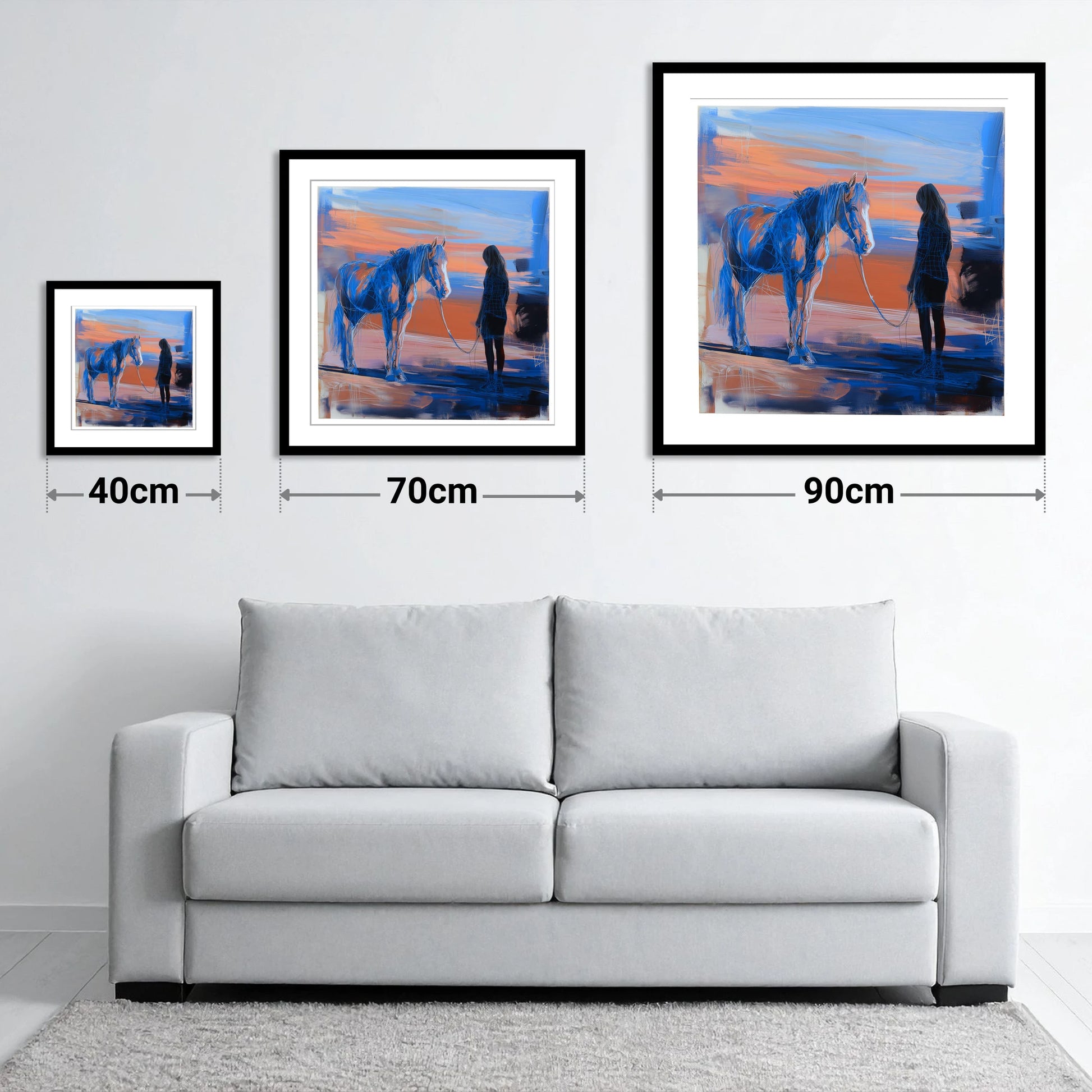 The Quiet Language - size guide showing 40cm, 70cm and 90cm art prints