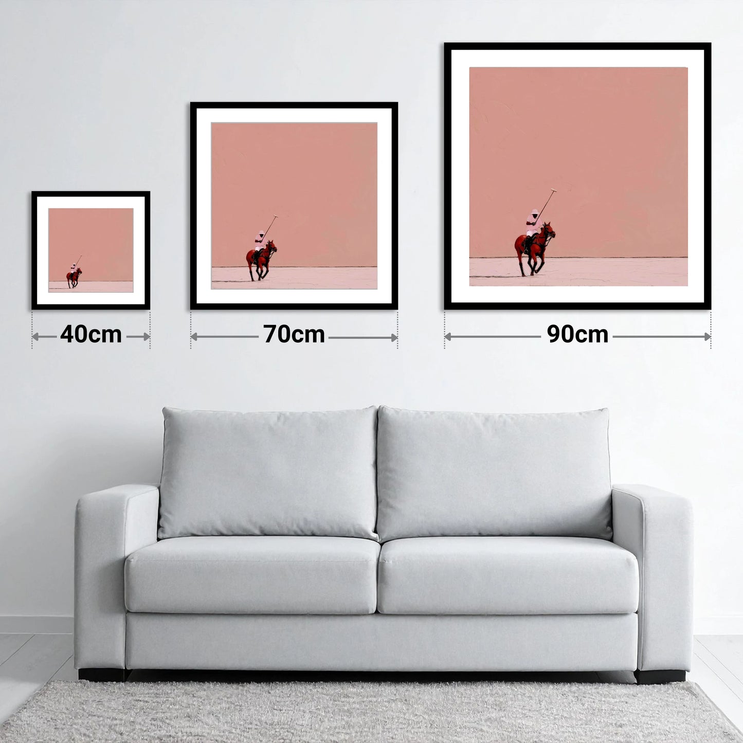 Dusty Rose Chukka - size guide showing 40cm, 70cm and 90cm art prints