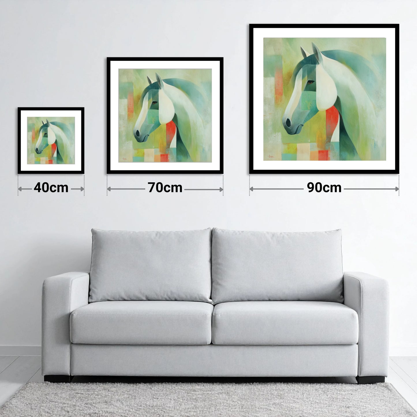 Geometric Equine Harmony - size guide showing 40cm, 70cm and 90cm art prints