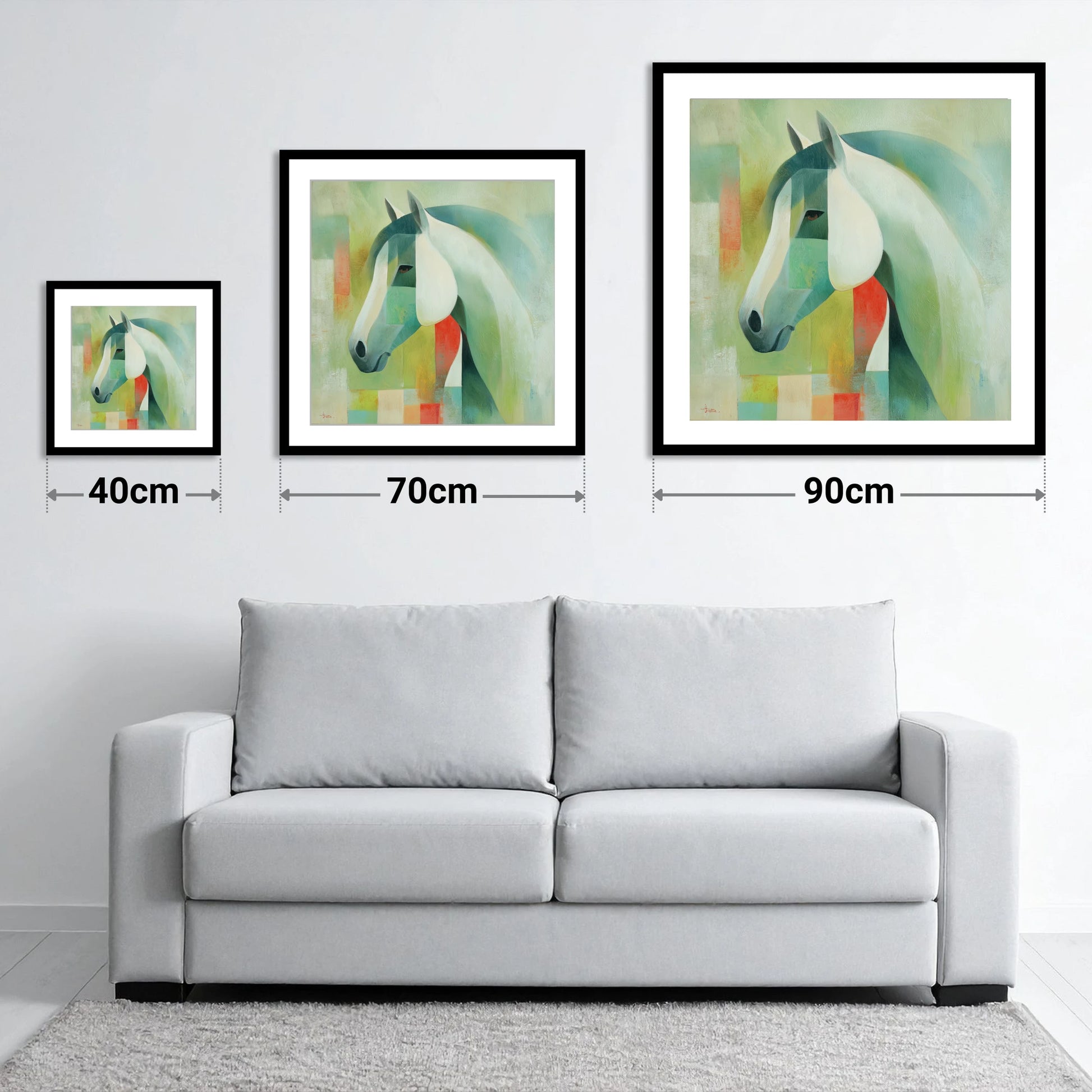 Geometric Equine Harmony - size guide showing 40cm, 70cm and 90cm art prints