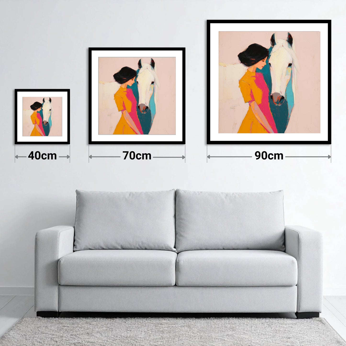 Vibrant Harmony - size guide showing 40cm, 70cm and 90cm art prints
