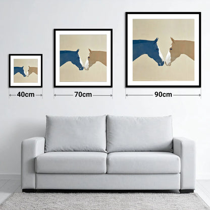 Navy and Tan Horses Greeting - size guide showing 40cm, 70cm and 90cm art prints