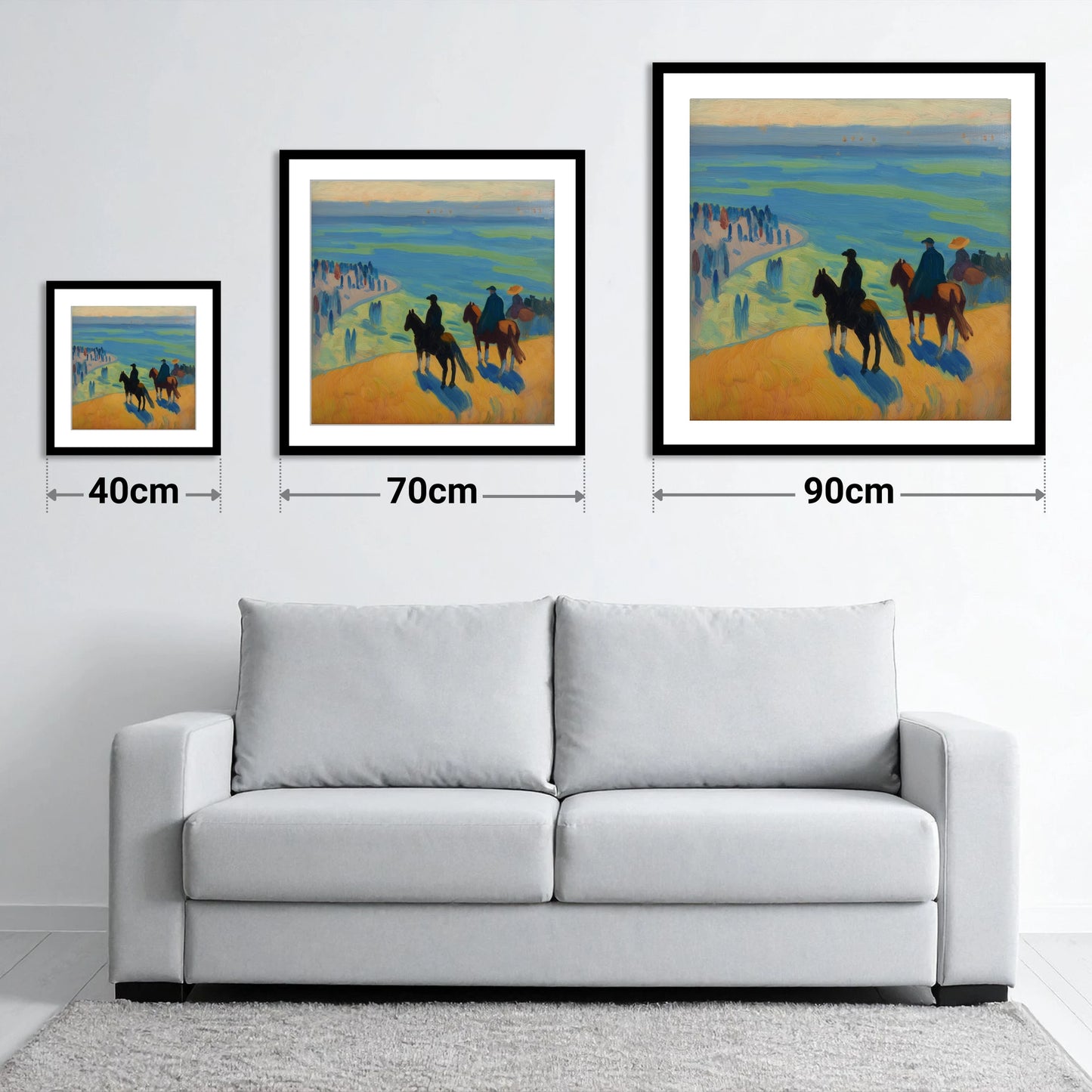 Coastal Vantage Point - size guide showing 40cm, 70cm and 90cm art prints