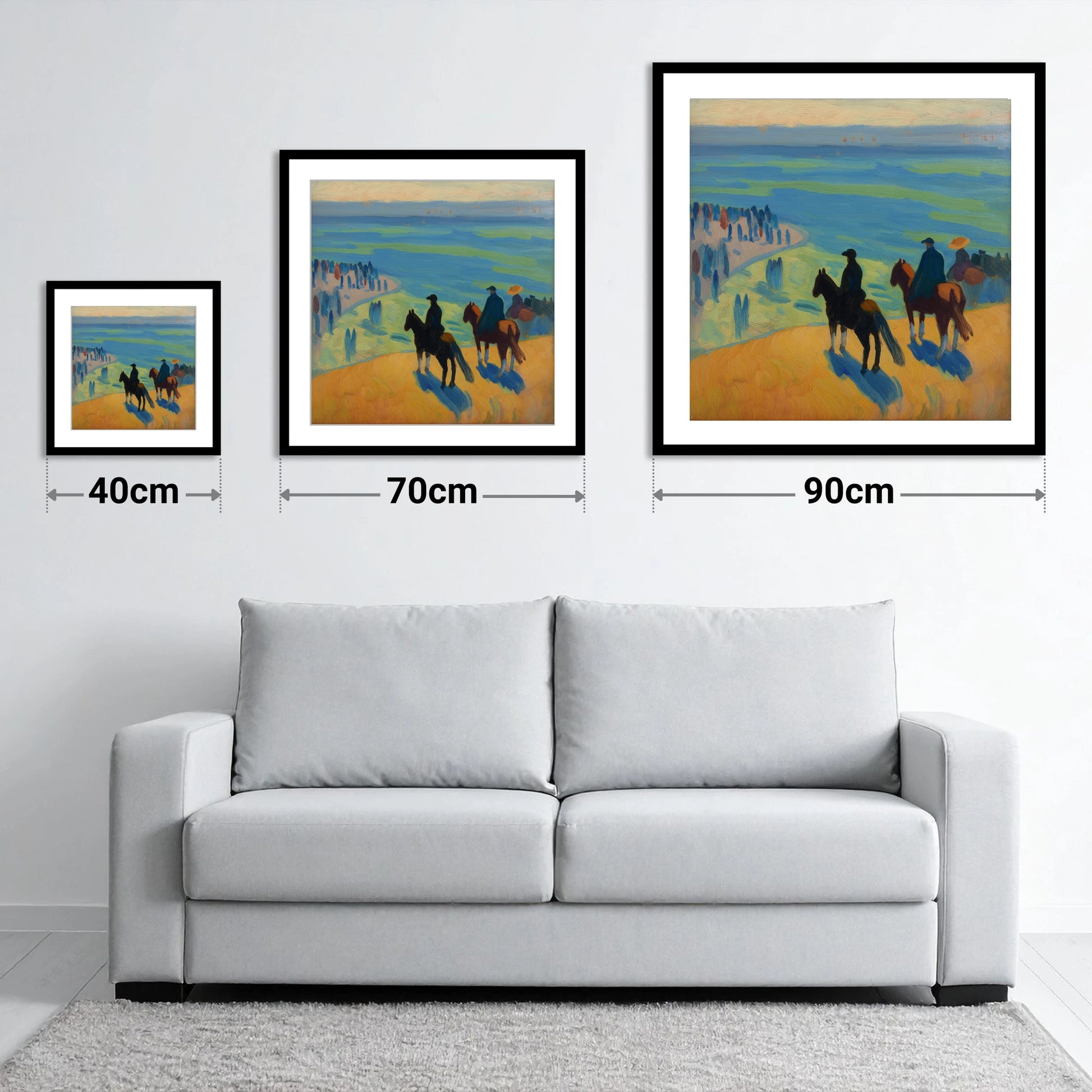 Coastal Vantage Point - size guide showing 40cm, 70cm and 90cm art prints