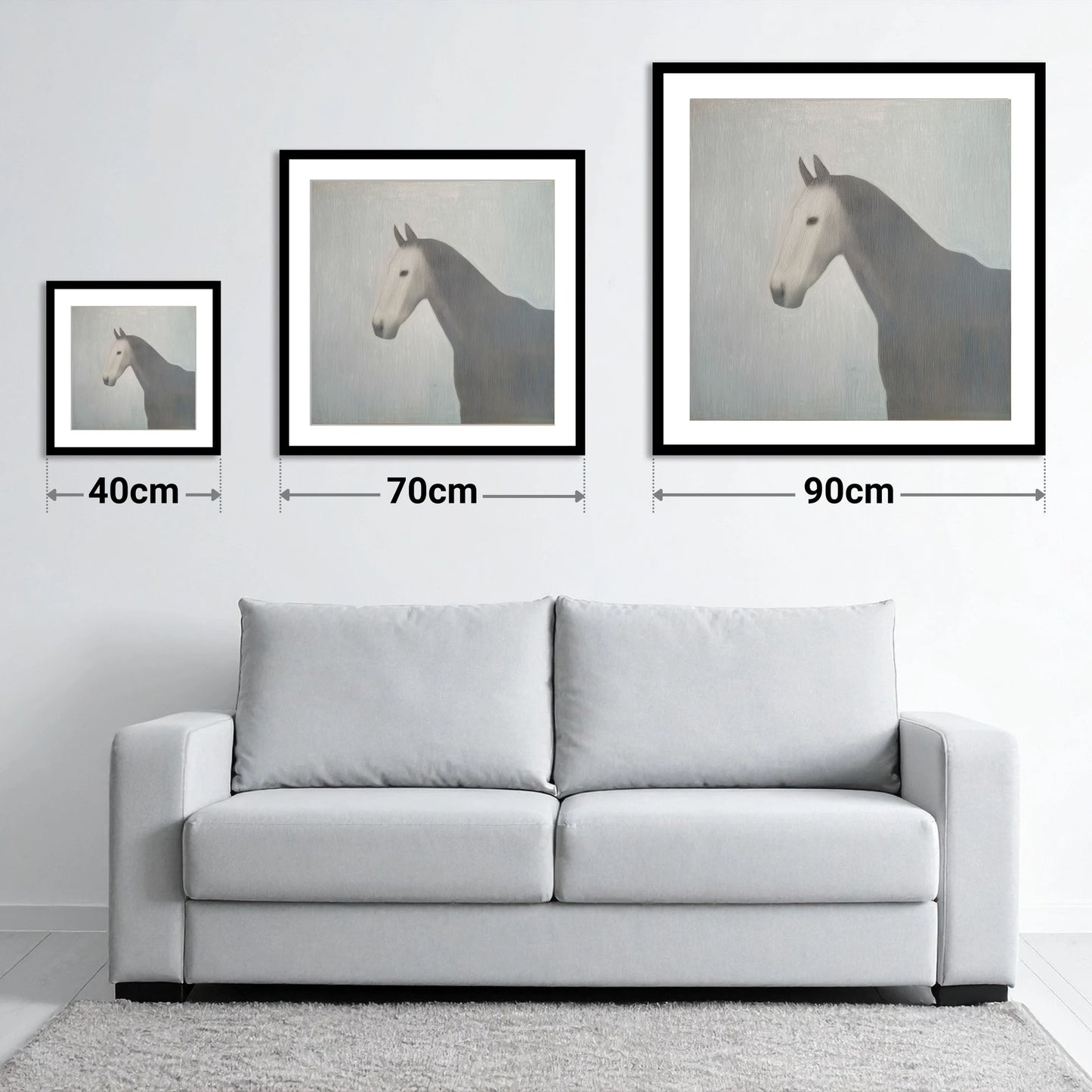 Linear Elegance - size guide showing 40cm, 70cm and 90cm art prints