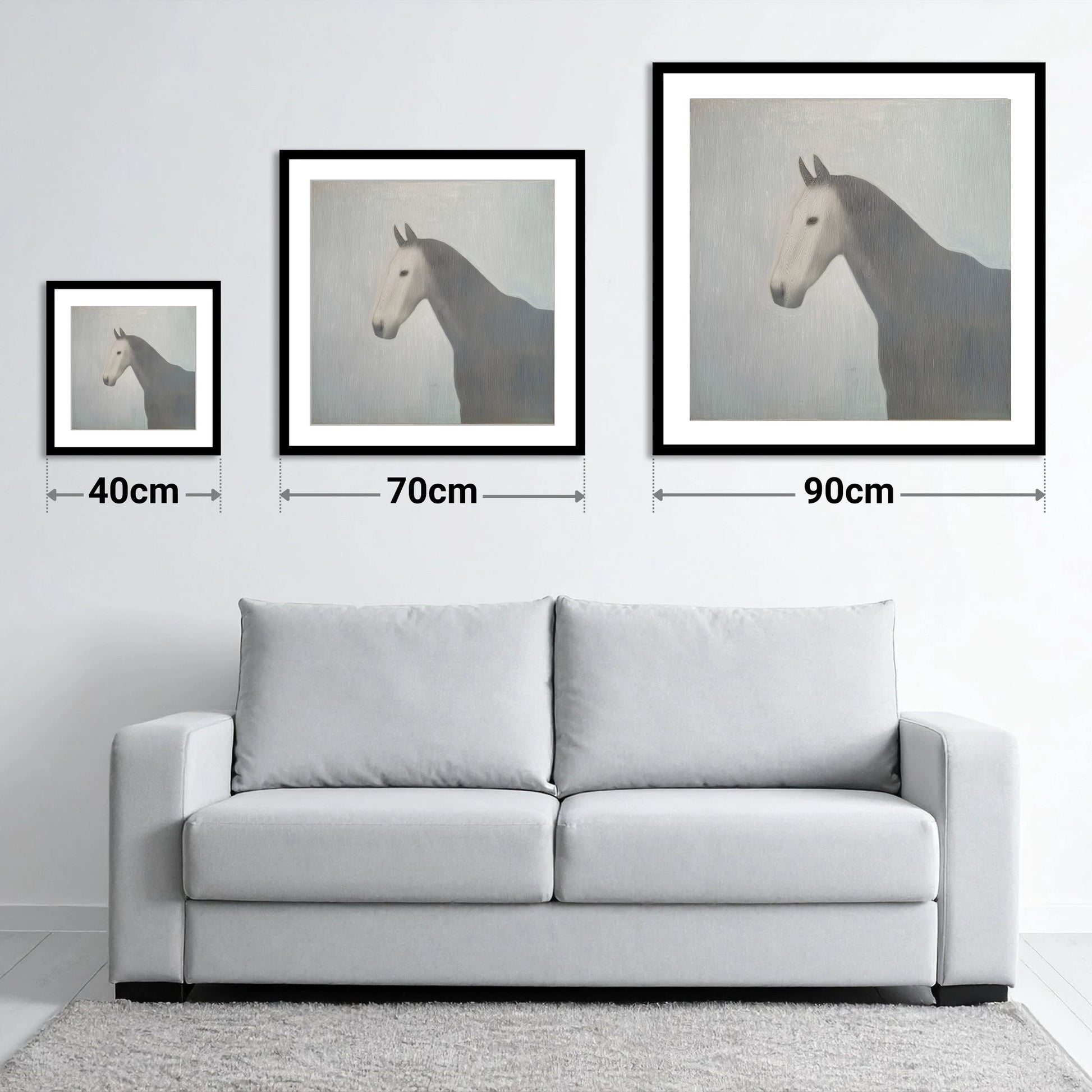 Linear Elegance - size guide showing 40cm, 70cm and 90cm art prints