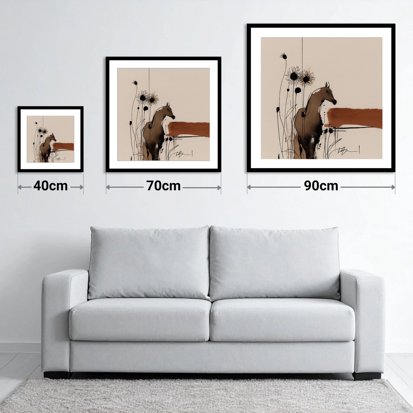 Rust and Shadows - size guide showing 40cm, 70cm and 90cm art prints