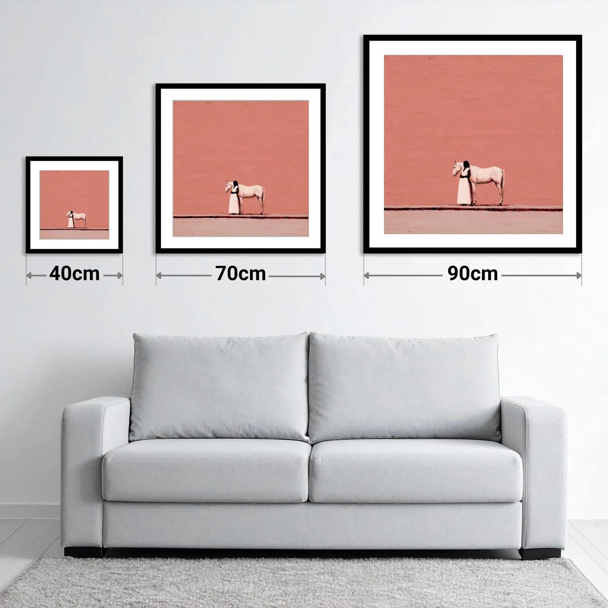 Stillness in Terracotta - size guide showing 40cm, 70cm and 90cm art prints