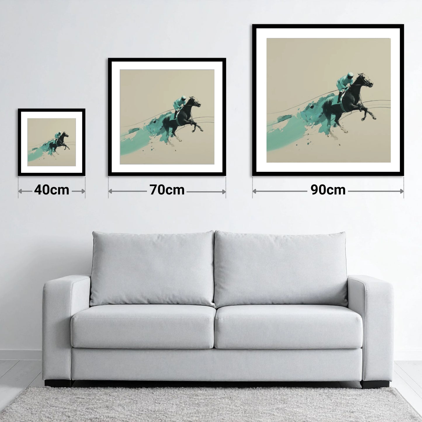 Velocity In Teal - size guide showing 40cm, 70cm and 90cm art prints
