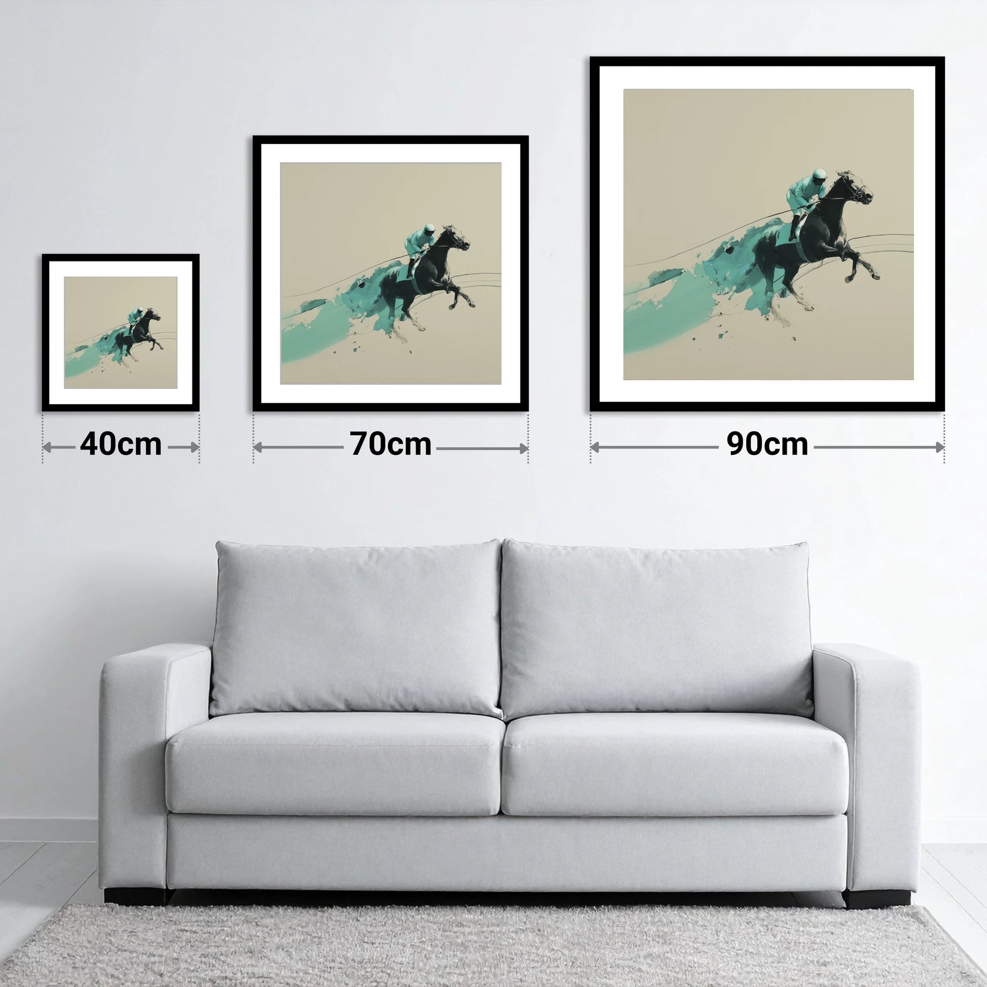 Velocity In Teal - size guide showing 40cm, 70cm and 90cm art prints