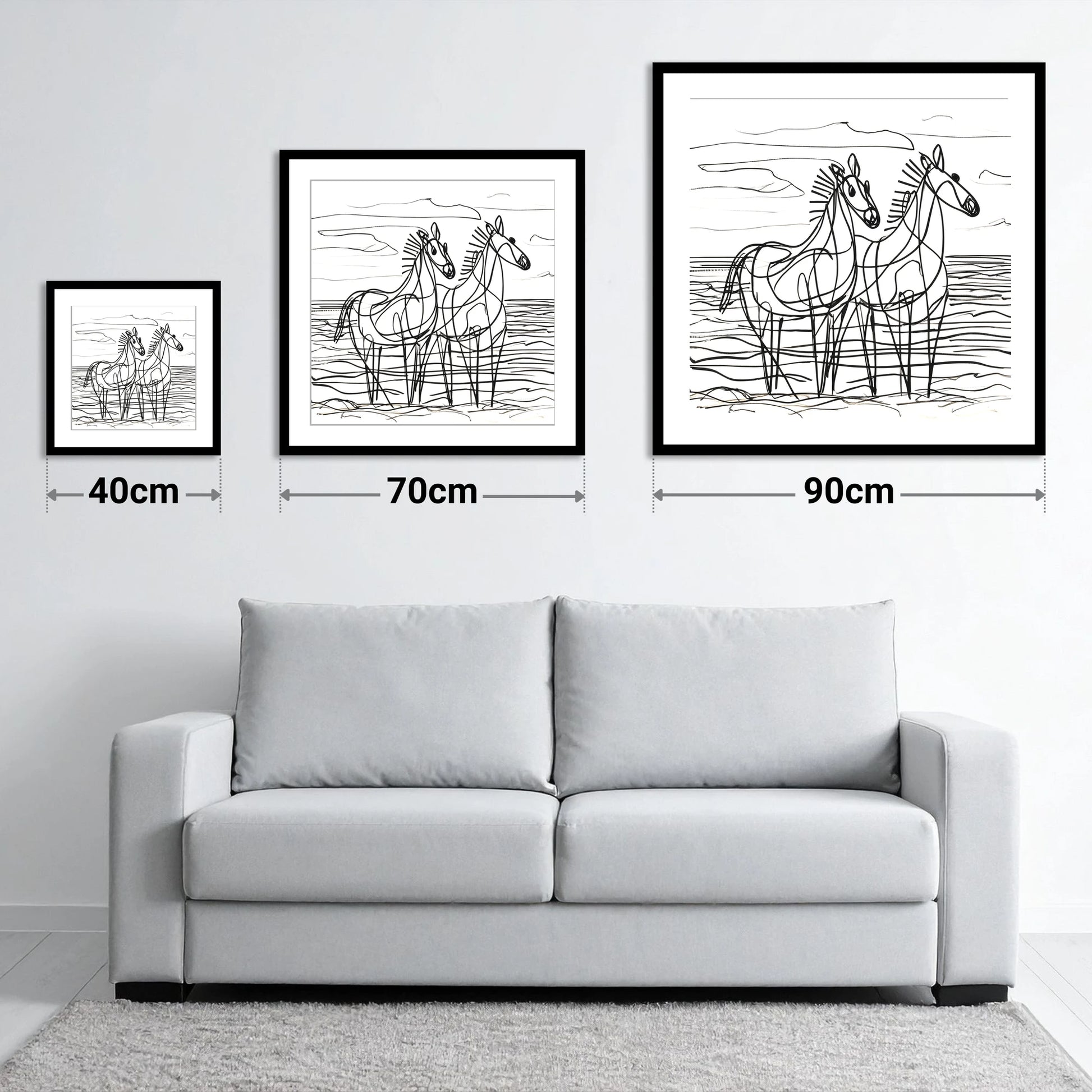 Linear Equine Companions - size guide showing 40cm, 70cm and 90cm art prints