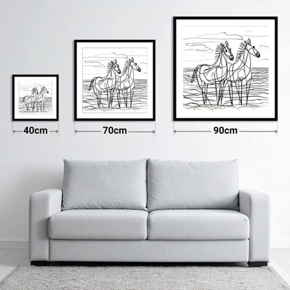 Linear Equine Companions - size guide showing 40cm, 70cm and 90cm art prints