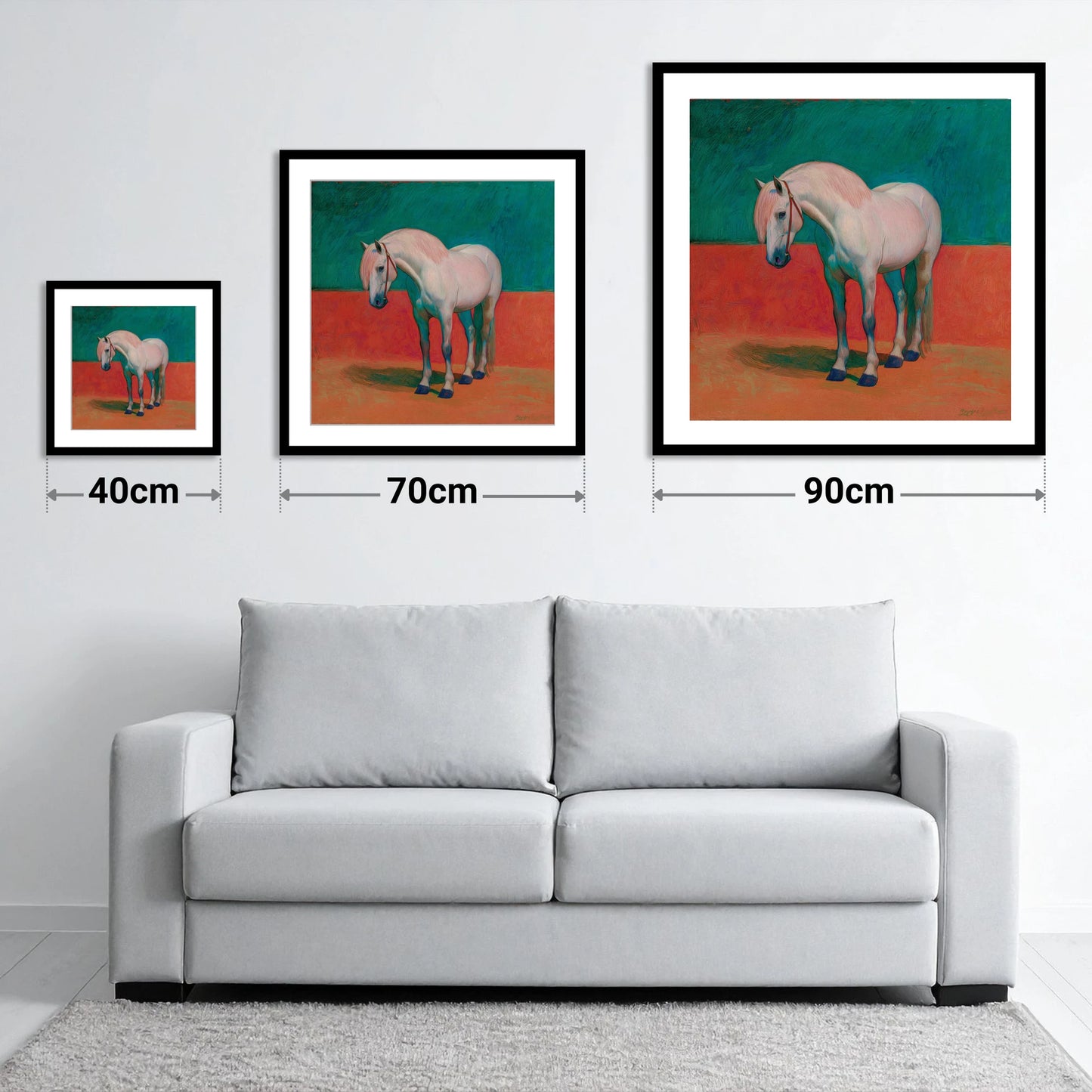The Painted Grey - size guide showing 40cm, 70cm and 90cm art prints