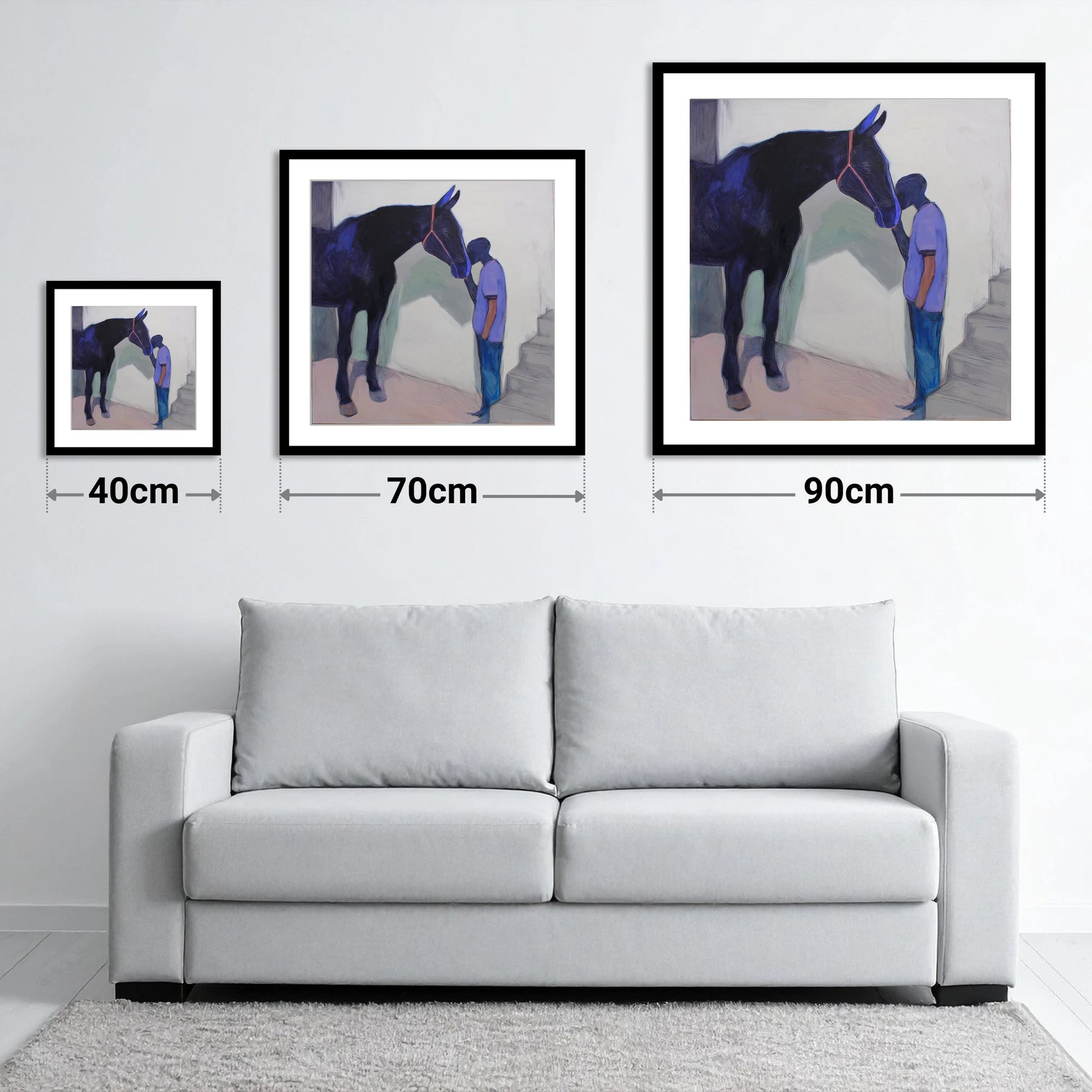 Silent Communion - size guide showing 40cm, 70cm and 90cm art prints