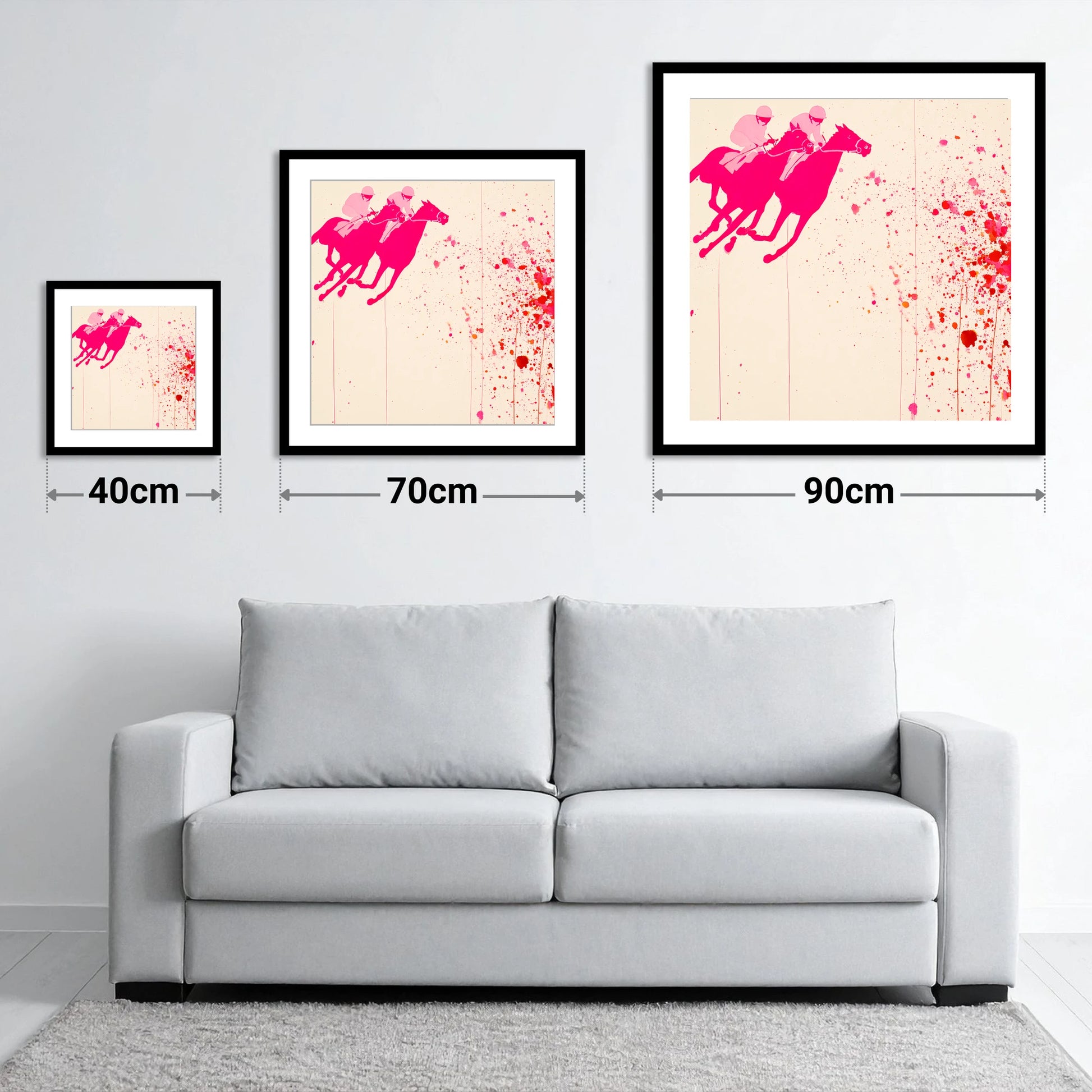 Vibrant Photo Finish - size guide showing 40cm, 70cm and 90cm art prints