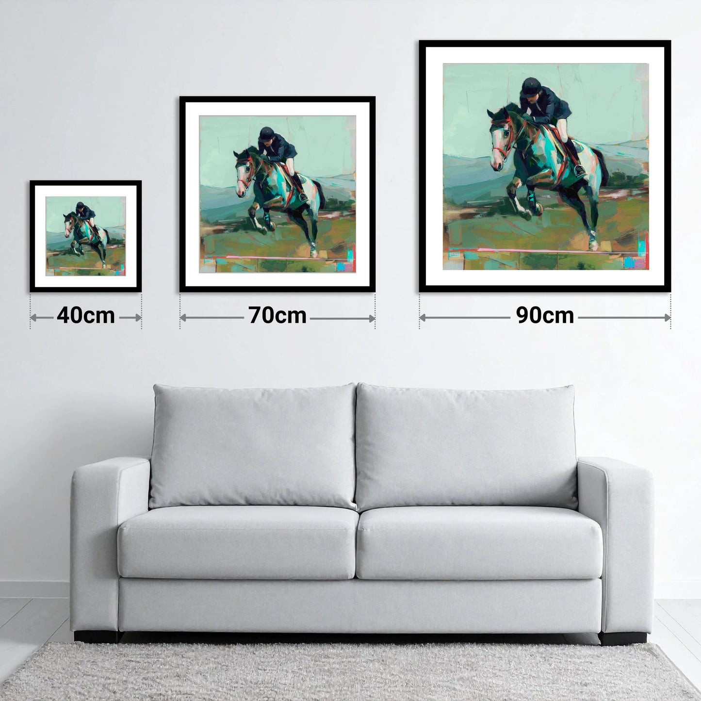 The Bold Clear - size guide showing 40cm, 70cm and 90cm art prints