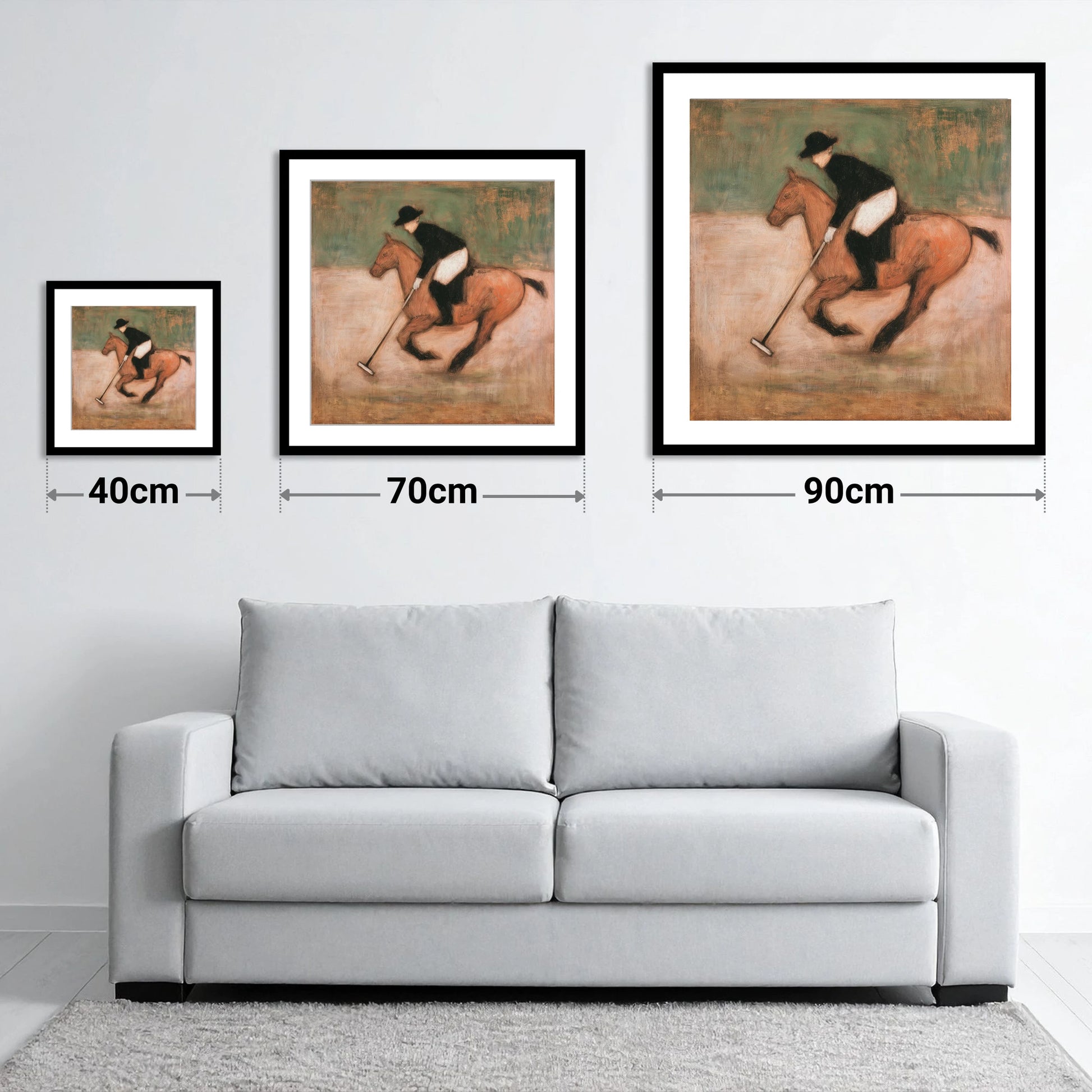 Polo at the Canter - size guide showing 40cm, 70cm and 90cm art prints