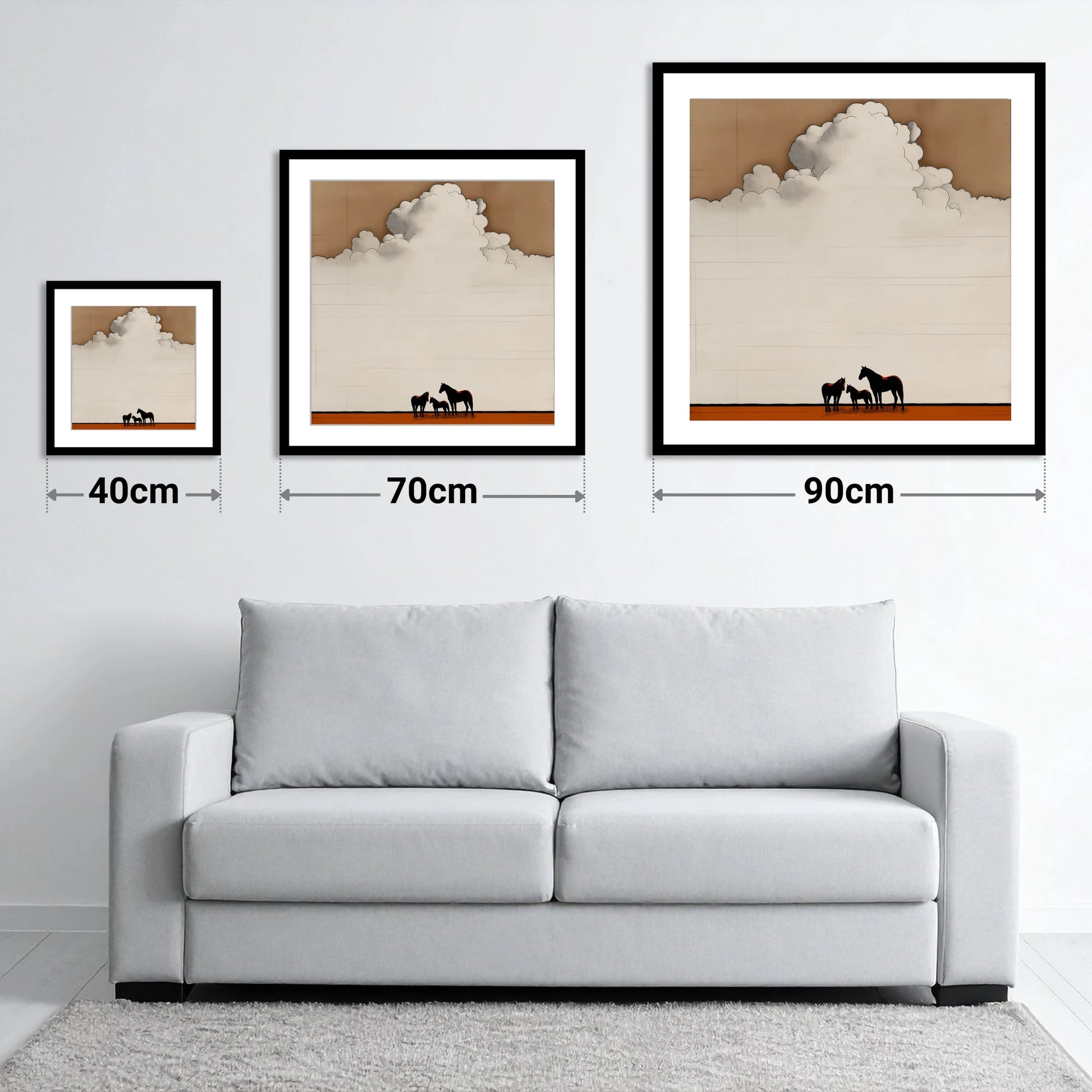 Under the Endless Sky - size guide showing 40cm, 70cm and 90cm art prints