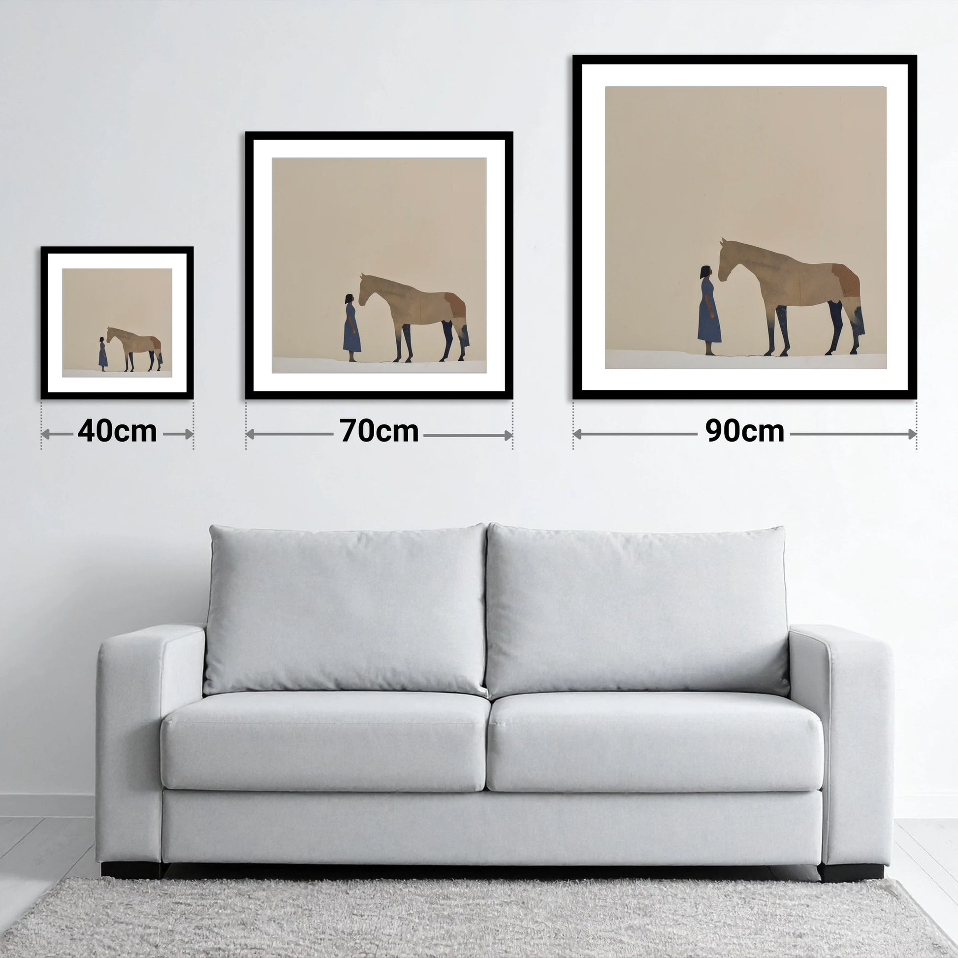 Silent Conversation - size guide showing 40cm, 70cm and 90cm art prints