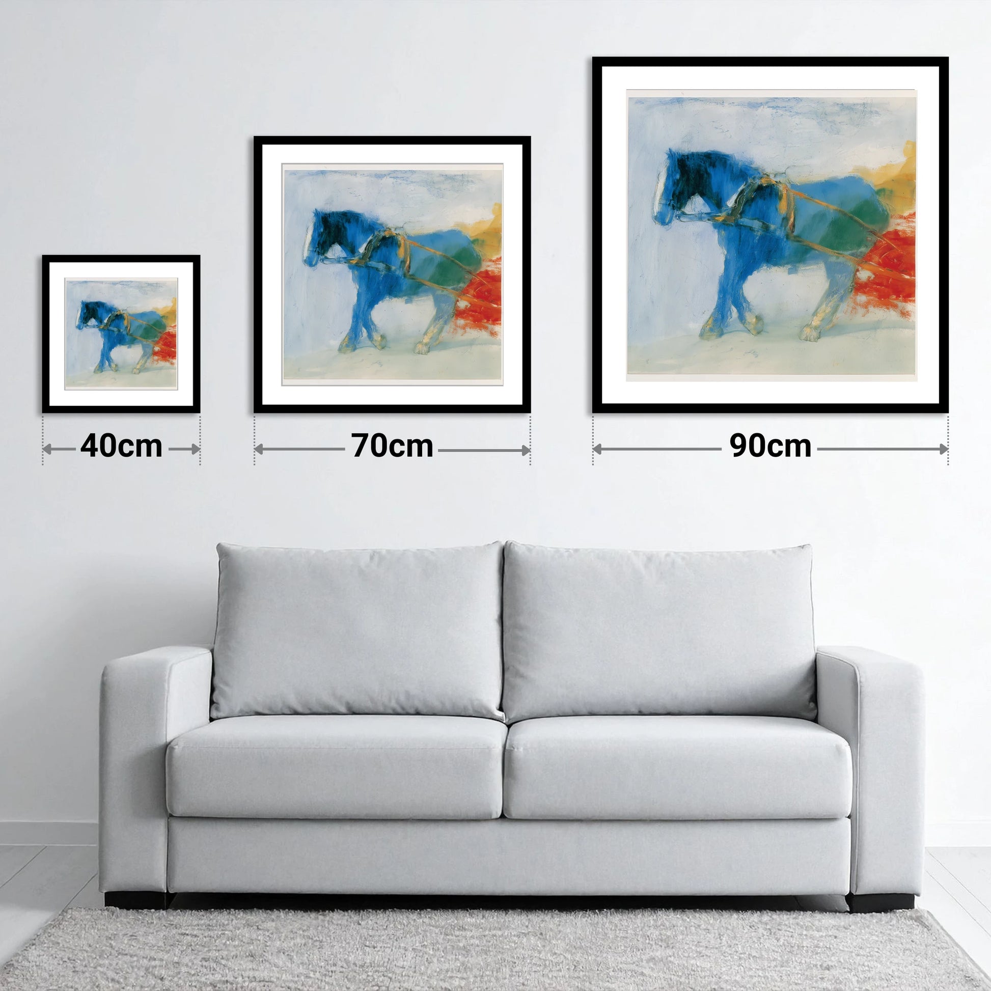 The Azure Draught - size guide showing 40cm, 70cm and 90cm art prints