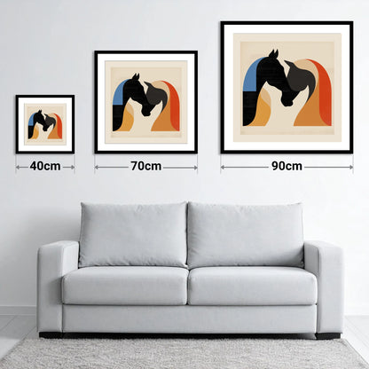 Abstract Equine Embrace - size guide showing 40cm, 70cm and 90cm art prints